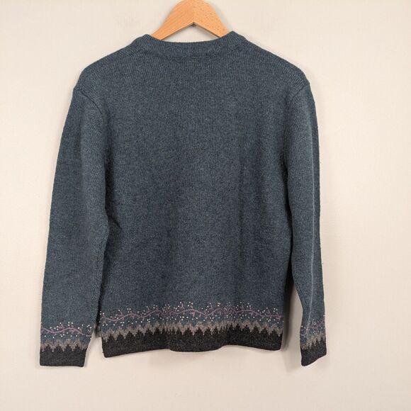 Woolrich Sweater Wool Pullover Vneck Teal Blue Gray Floral Embroidered Outdoor L - Picture 3 of 11